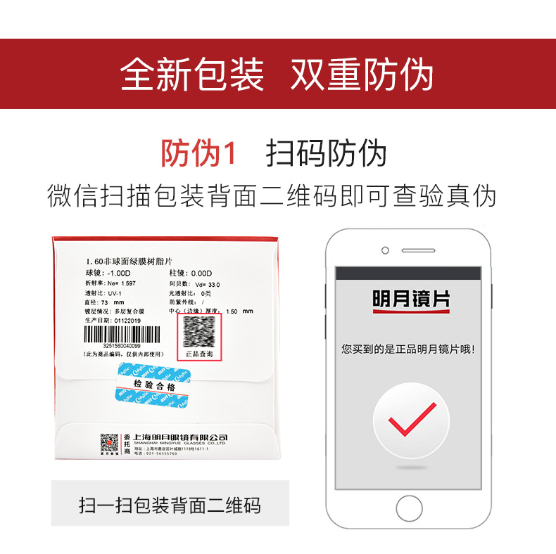 明月镜片pmc高清非球面树脂近视眼镜片清晰透亮2片160建议300500度