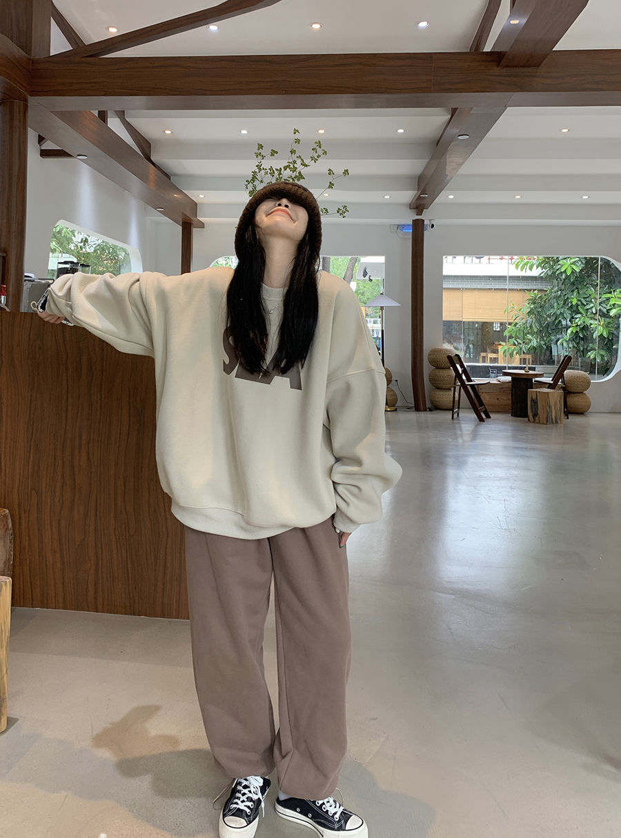 加厚慵懒风字母oversize上衣ins潮超火加厚卫衣女冬6天内发货杏色s