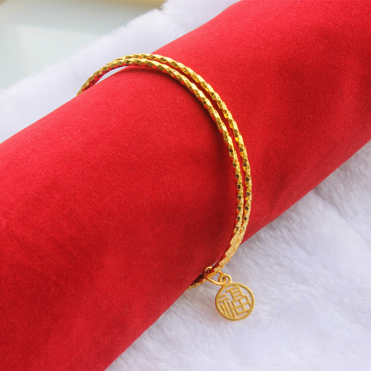 千福年手镯小红书抖音同款沙金吊福字传承镀光面手环实时尚个性铃铛款