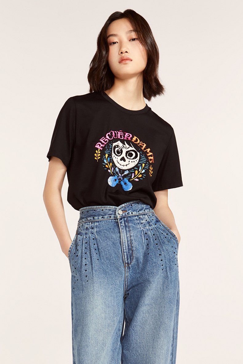 five plus2021新款女秋装coco合作款短袖t恤女宽松上衣潮刺绣纯棉