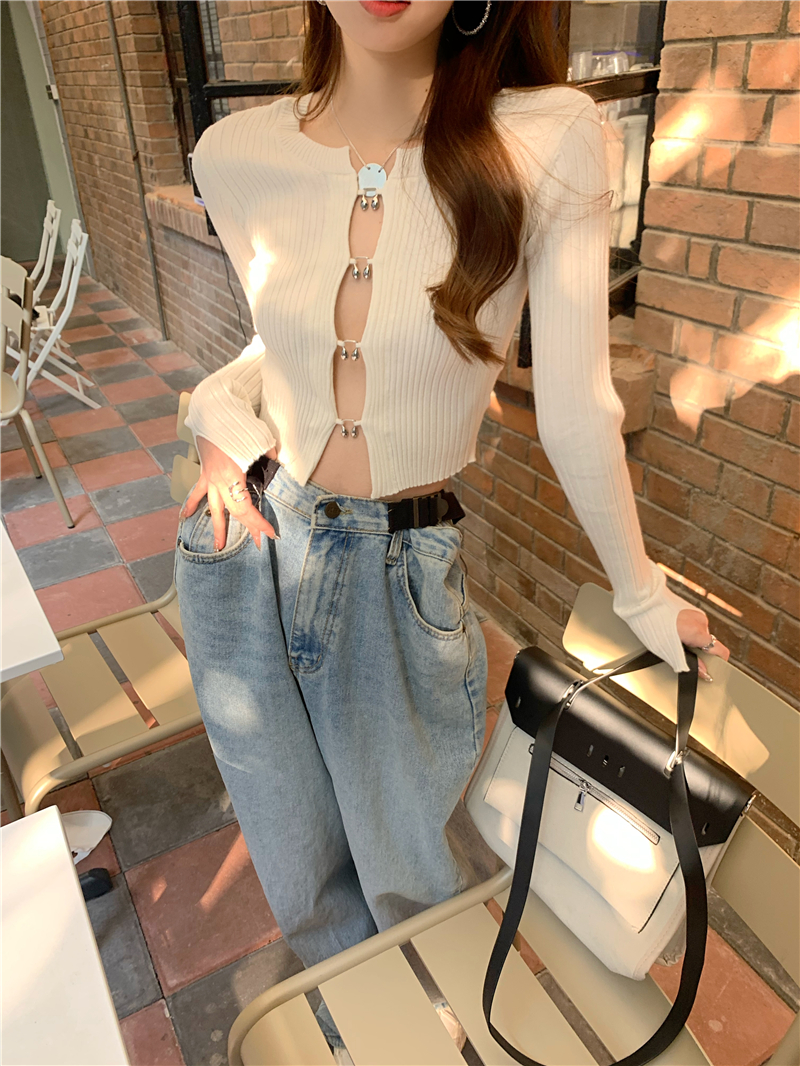 女士针织衫开胸外套春季毛衣设计感小众镂空长袖修身法式纯欲风辣妹