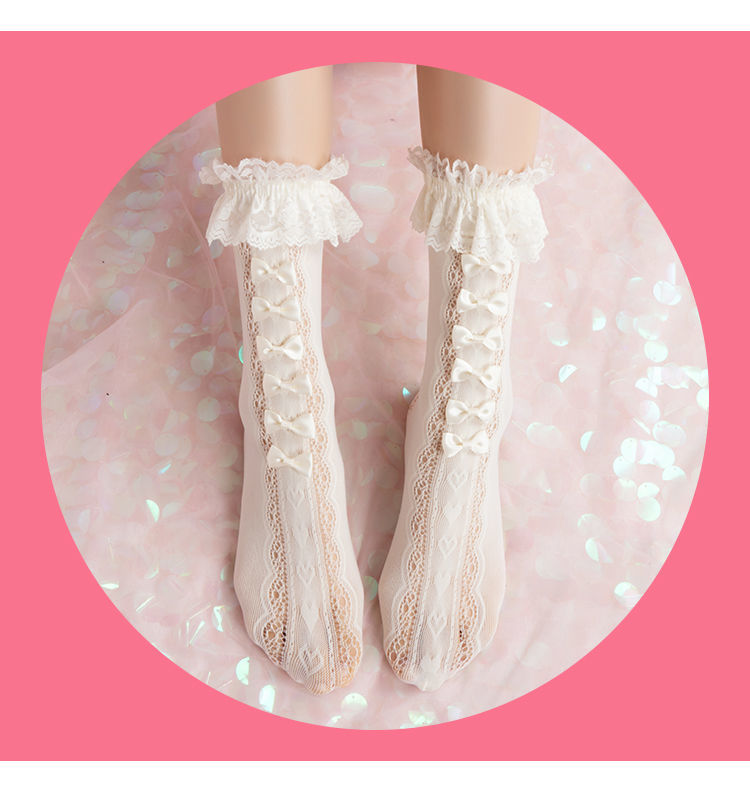 日系洛丽塔lolita袜子蝴蝶结蕾丝花边可爱中筒jk堆堆袜女夏季薄款ff