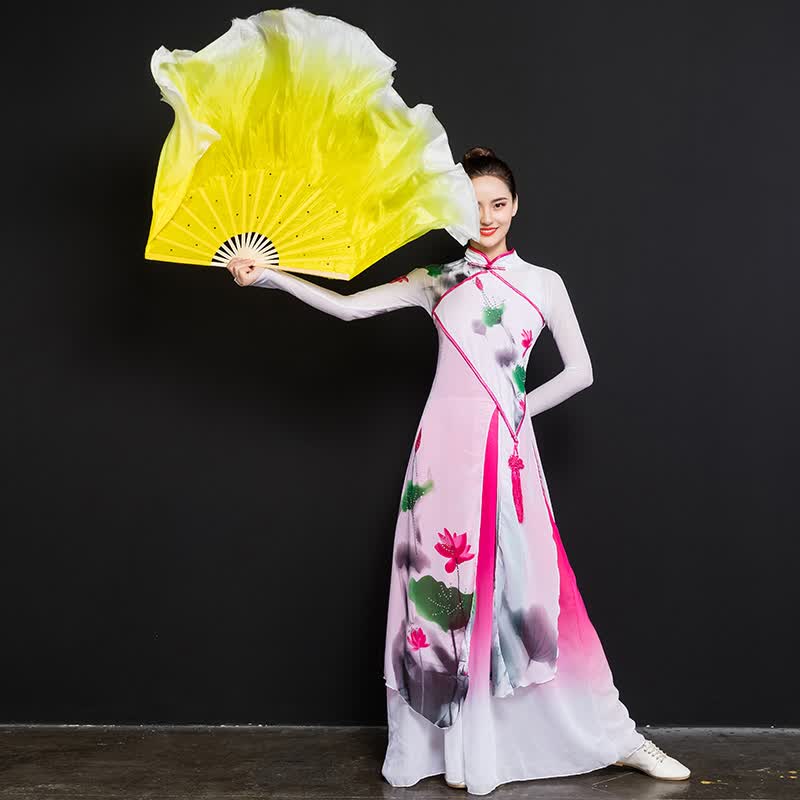 广场舞扇子秧歌扇子舞蹈演出成人真丝舞蹈扇加长广场舞扭秧歌扇双面花