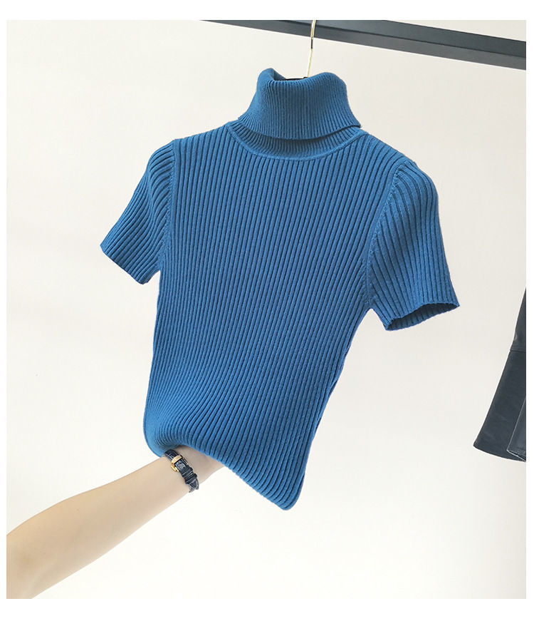 针织衫女2021秋冬新款套头高领短袖毛衣翻领打底衫修身显瘦潮星灰色