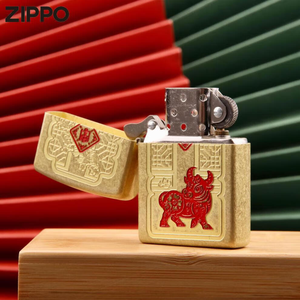 美国zippo打火机 牛年生肖牛年开门见喜纯铜填色煤油打火机【图片