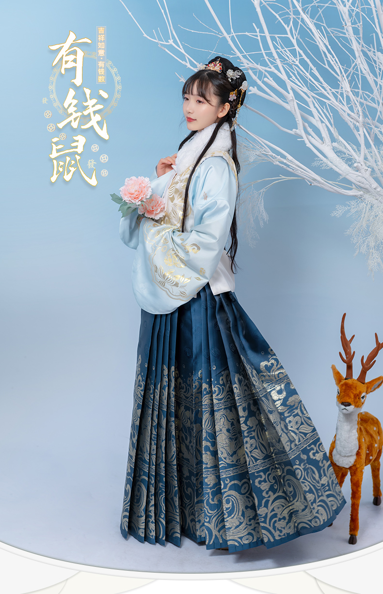 有钱鼠二如梦霓裳原创汉服女明制袄裙春季款汉服新妆花织金马面裙深蓝
