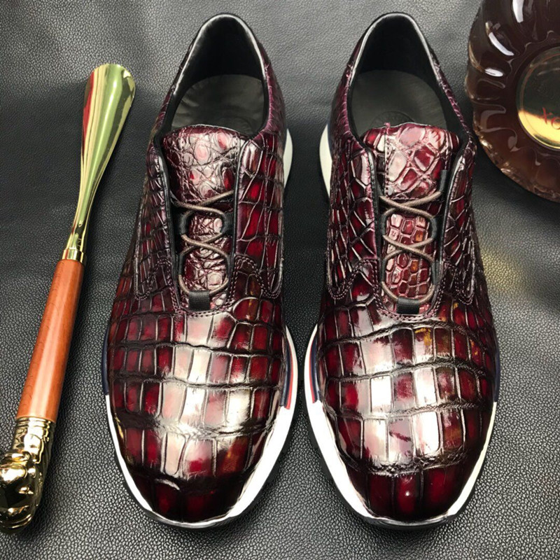 鳄鱼皮男士休闲运动鞋男真s皮鞋手工擦色男鞋品质定制款 灰棕 全真