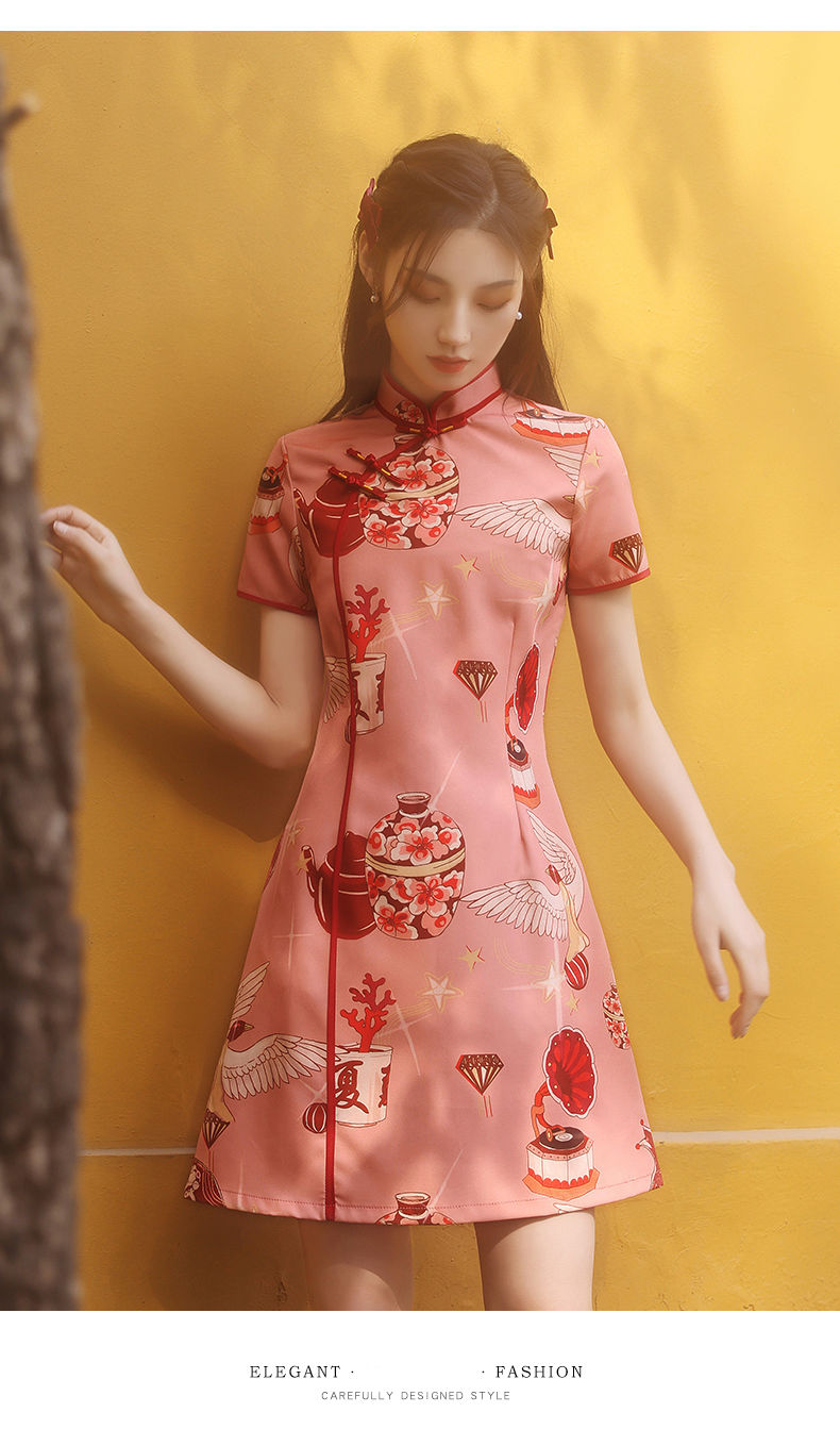 彩木夏改良旗袍2021年新款女夏季年轻款少女日常可穿大花连衣裙国潮短