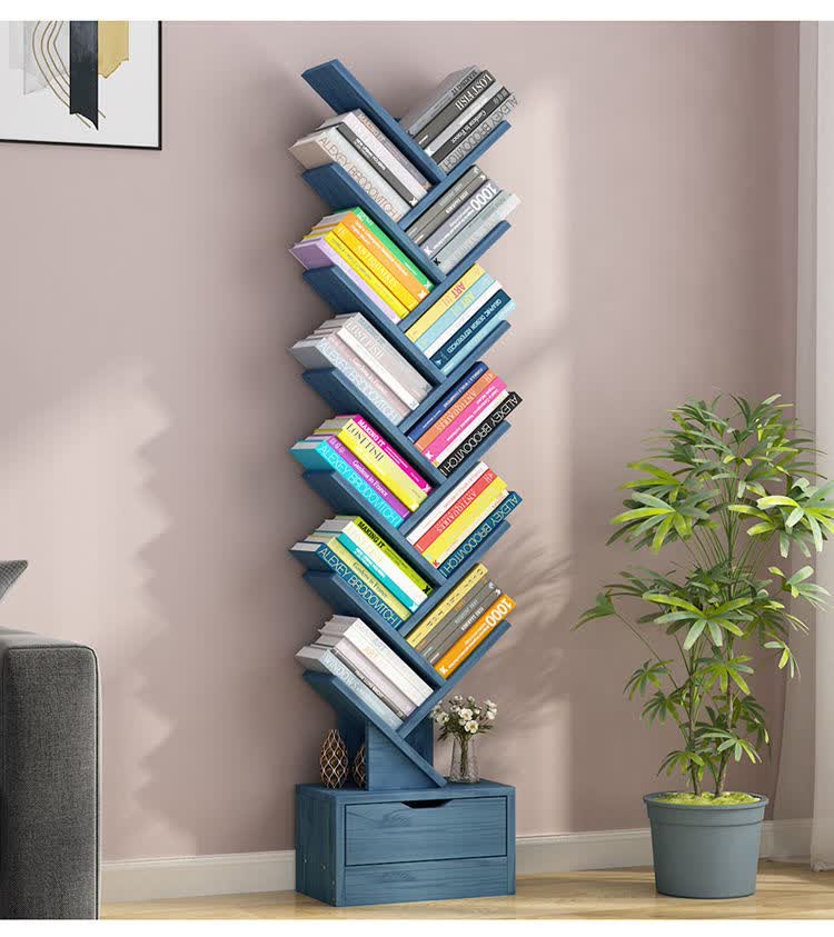 网红树形创意多层书架学生简易书架小书架书柜落地家用收纳架暖白8层