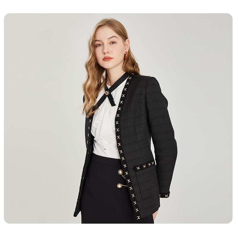 gerolamo春季款优雅淑女象牙白气质小香风v领修身外套女黑165