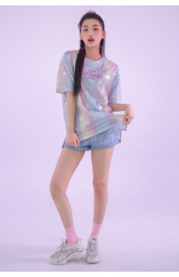 洛丽帕lolypop女装星星短袖t恤新款夏装圆领时尚宽松闪光上衣彩色f