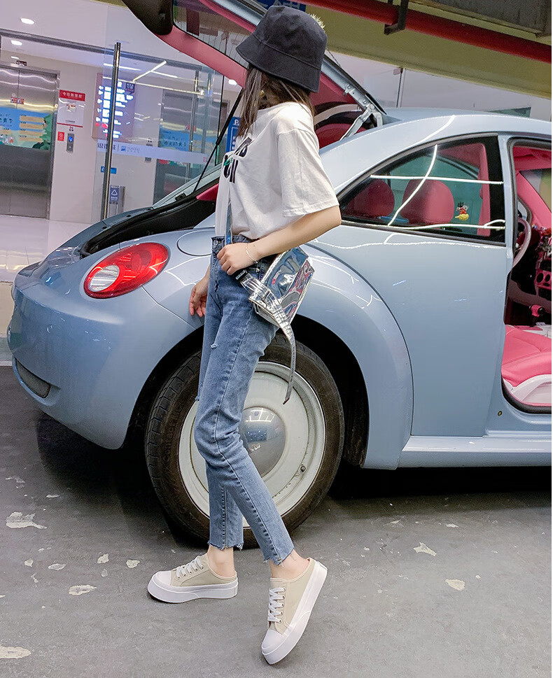 粉豹纹透气半拖帆布鞋女2022夏季新款韩版ins潮街拍休闲布鞋白色35