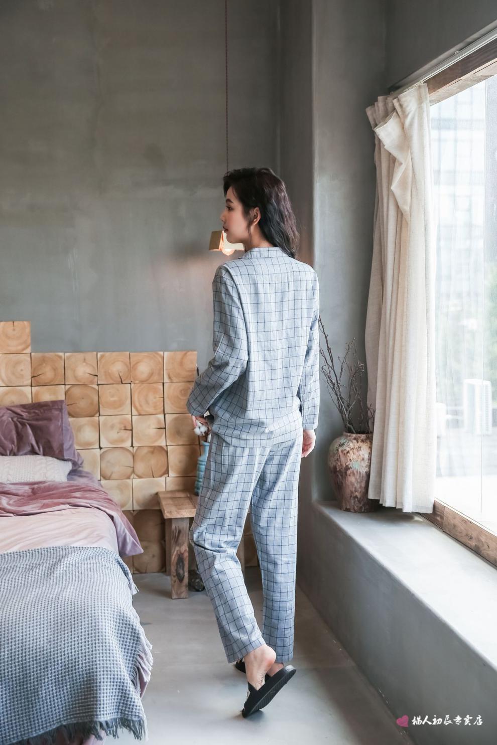 【旗舰官方】猫人无印日式良品无侧缝全棉格子双层纱布棉麻情侣家居服