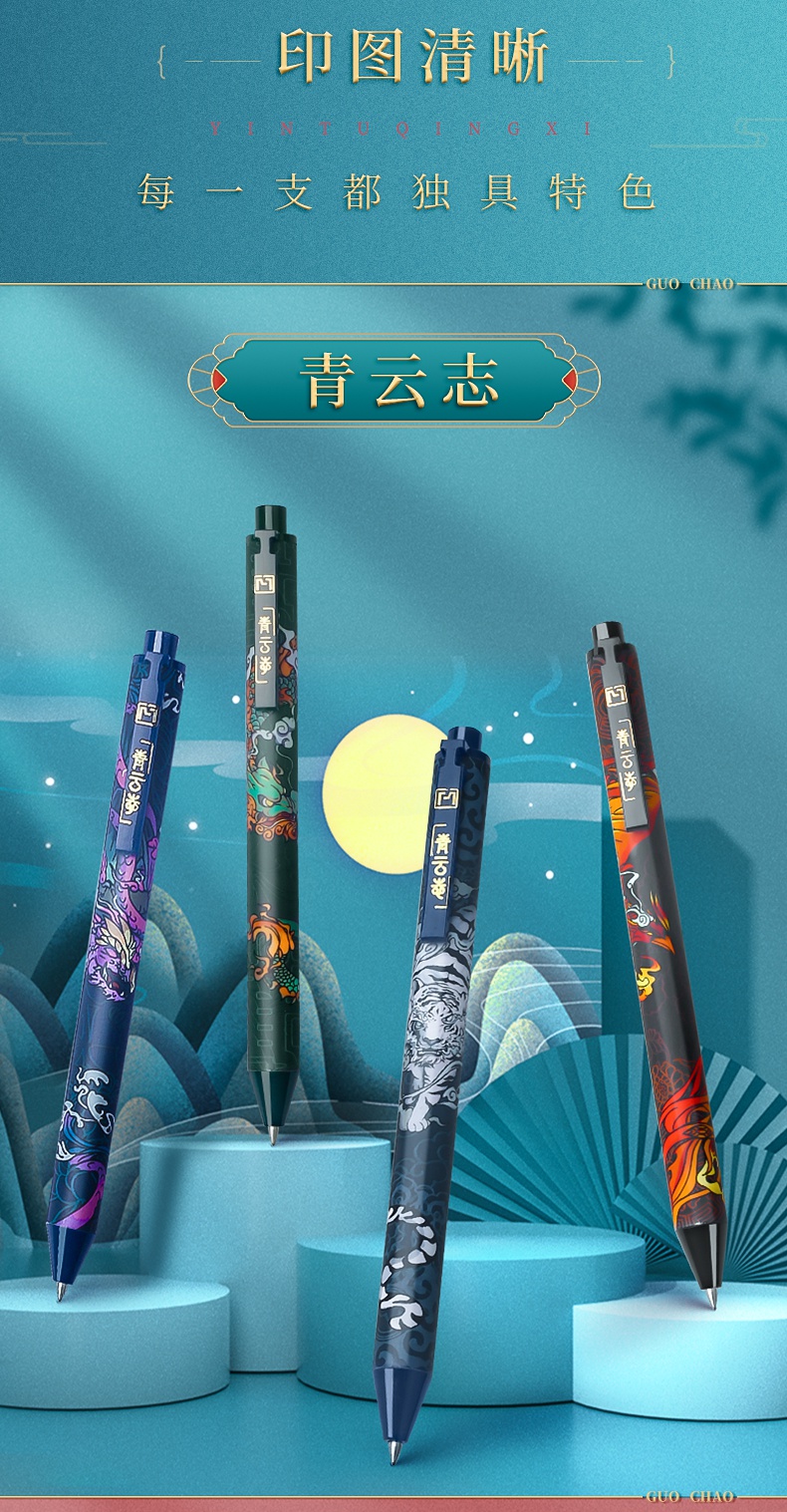 国潮中性笔青云志按动式黑笔学生用高颜值四大神兽头古风国风动漫圆珠