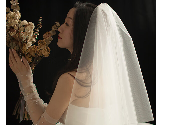 头纱领证求婚旅游拍照道具浅香槟色新娘婚纱结婚旅拍自拍双层小简约头