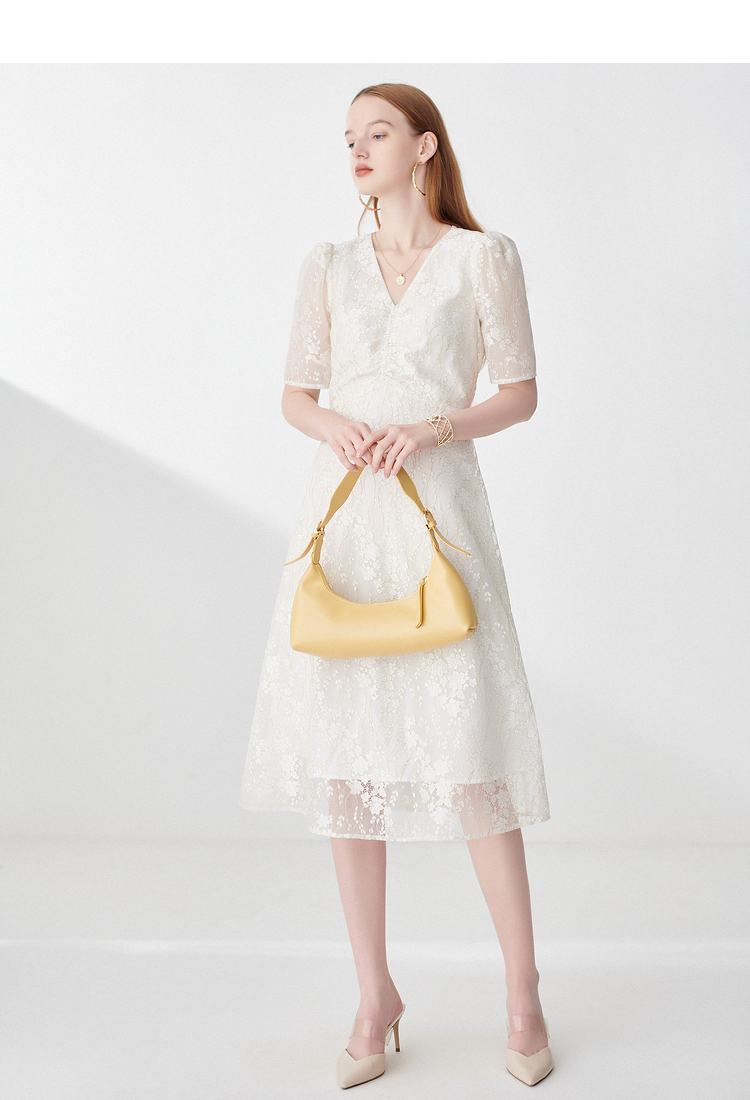 诗篇女装2021夏季新款气质淑女白色金丝小礼服蕾丝连衣裙白色40