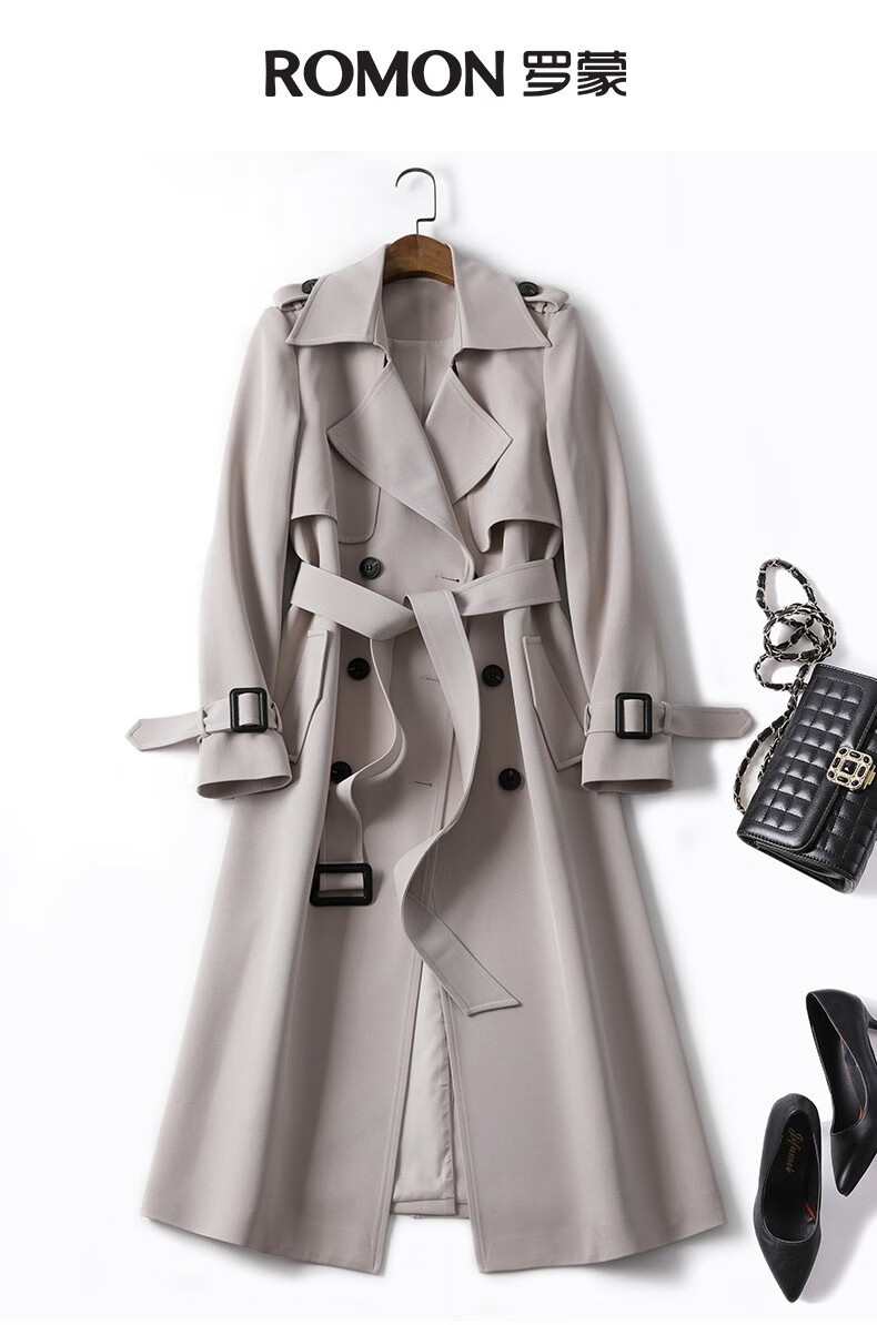 罗蒙风衣女士中长款外套新款显瘦双排扣外套时尚休闲外套米色170