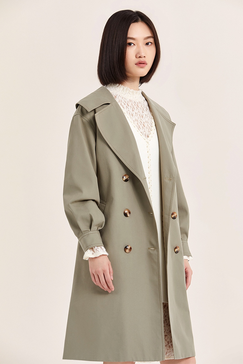 five plus2020新款女冬装双排扣长款风衣女宽松外套长袖棉质翻领 卡其