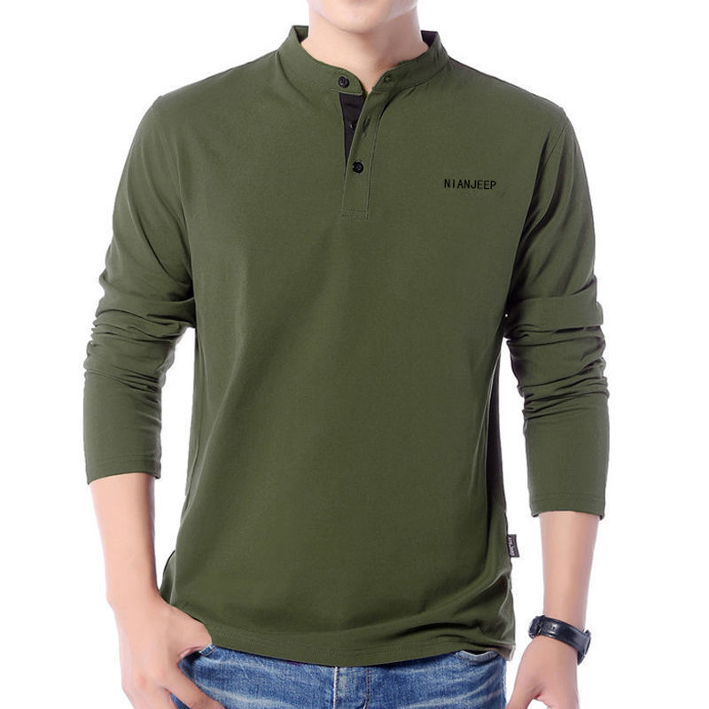 袖立领棉t恤男春秋潮流胖子宽松大码长袖t恤男装加绒加厚军绿xl尺码偏