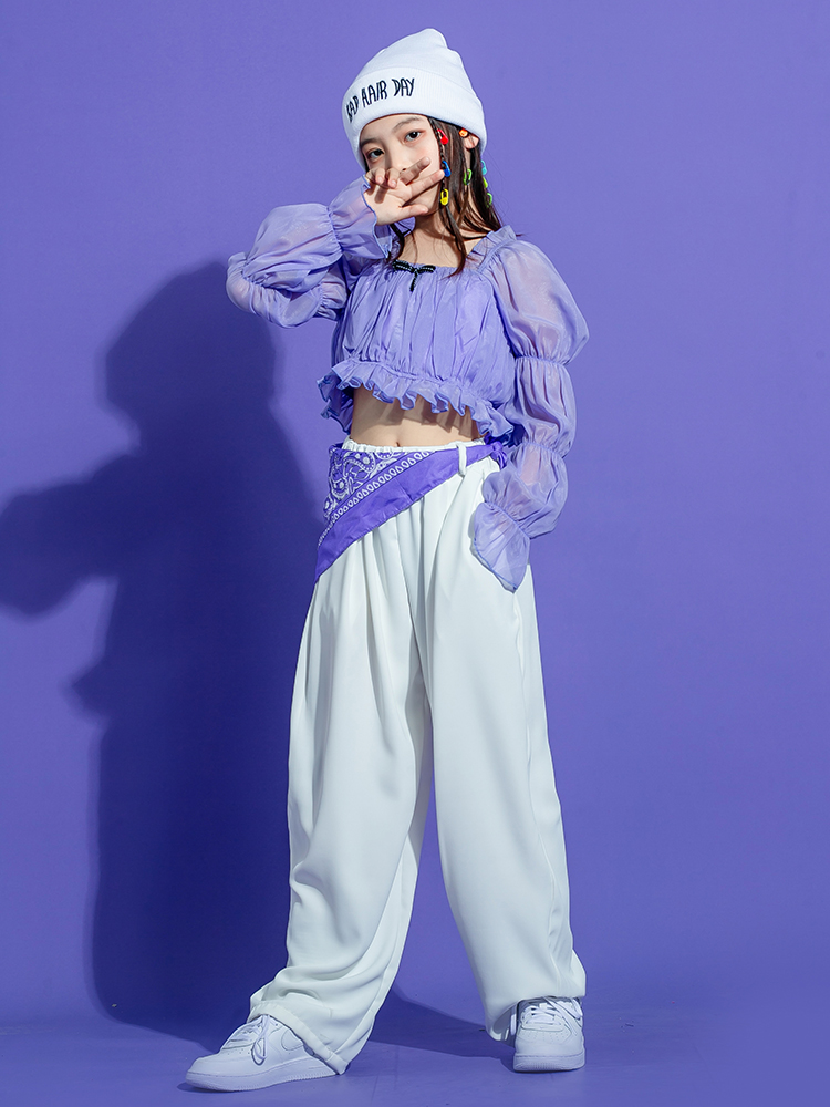 街舞儿童潮服女孩嘻哈套装紫色露脐女童爵士舞演出服炸街模特走秀紫色