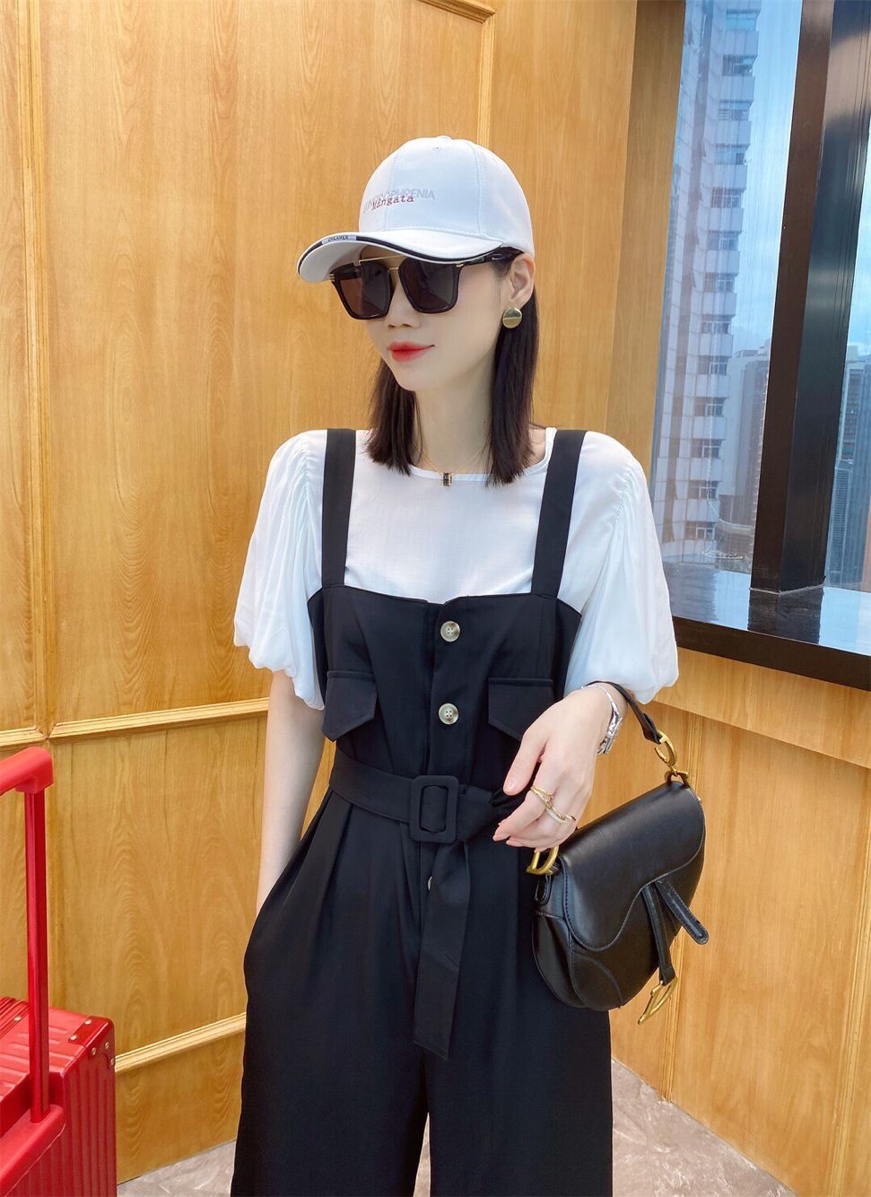 欧若婷雅 时尚套装女韩版宽松ins洋气减龄背带裤夏季2021新款垂感阔腿