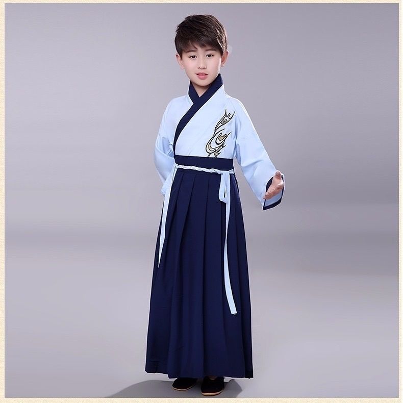男童汉服中国风宝宝春夏古装儿童古代国学服装男孩三字经演出服天蓝色