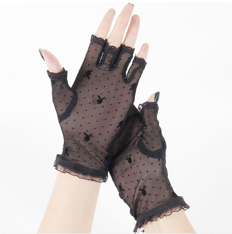 蕾丝防晒手套夏季短款女士弹力冰丝薄款半指手套开车遮疤痕盖纹身灰色