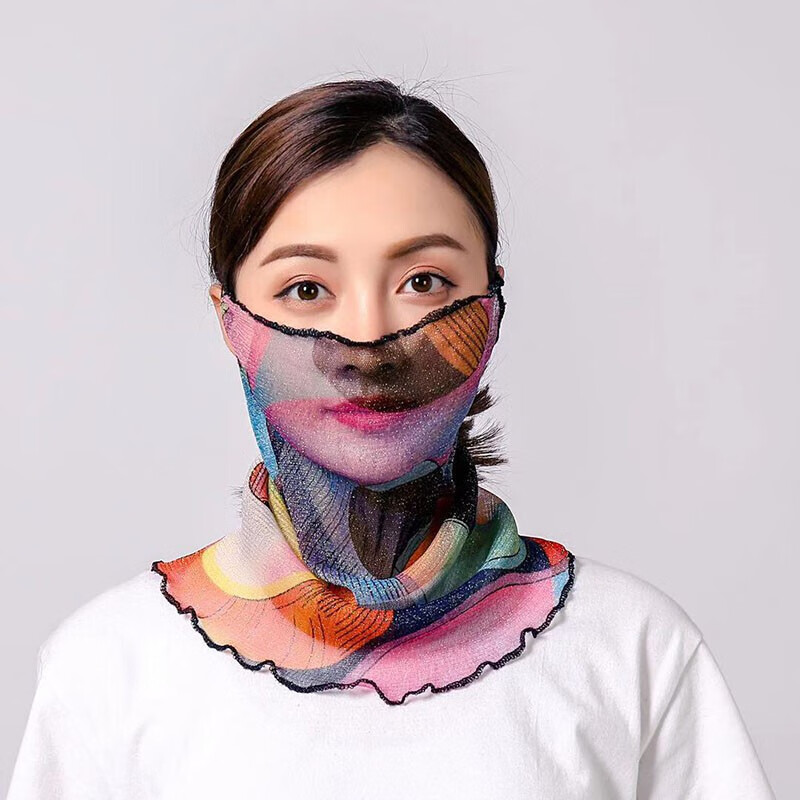 围脖女套头薄款网纱小丝巾挂耳款护颈夏季晒围巾假领子脖套 彩条格子