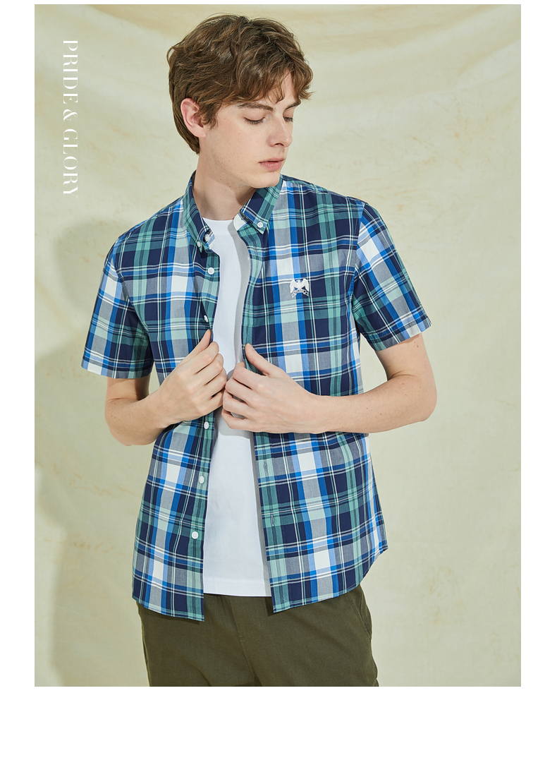 plory夏季新品透气棉质格子衬衣男士衬衫poycb2402d藏青色170