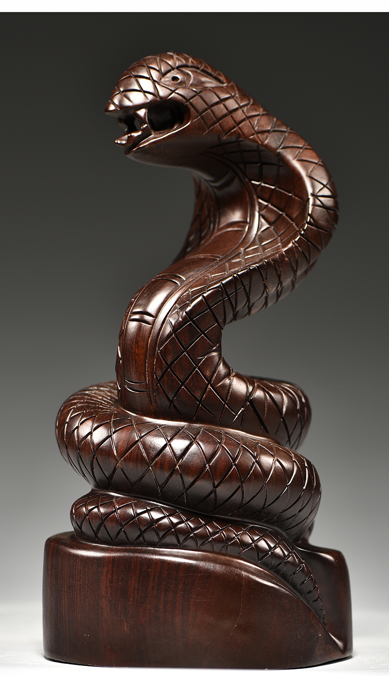 杞记木雕蛇摆件三合十二生肖木头蛇眼镜蛇家居客厅装饰红木工艺品精雕