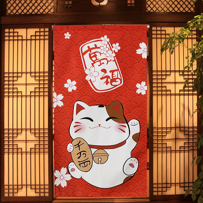 京赐 日式招财猫布艺门帘卧室商用免打孔四季通用门市饭店厨房隔断帘