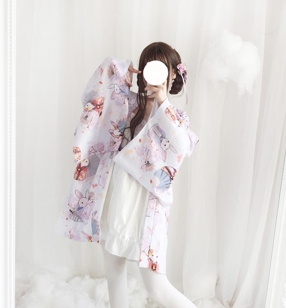 日式可爱祈愿兔羽织软妹印花少女学生防晒百搭jk外披 羽织 扇子(颜色