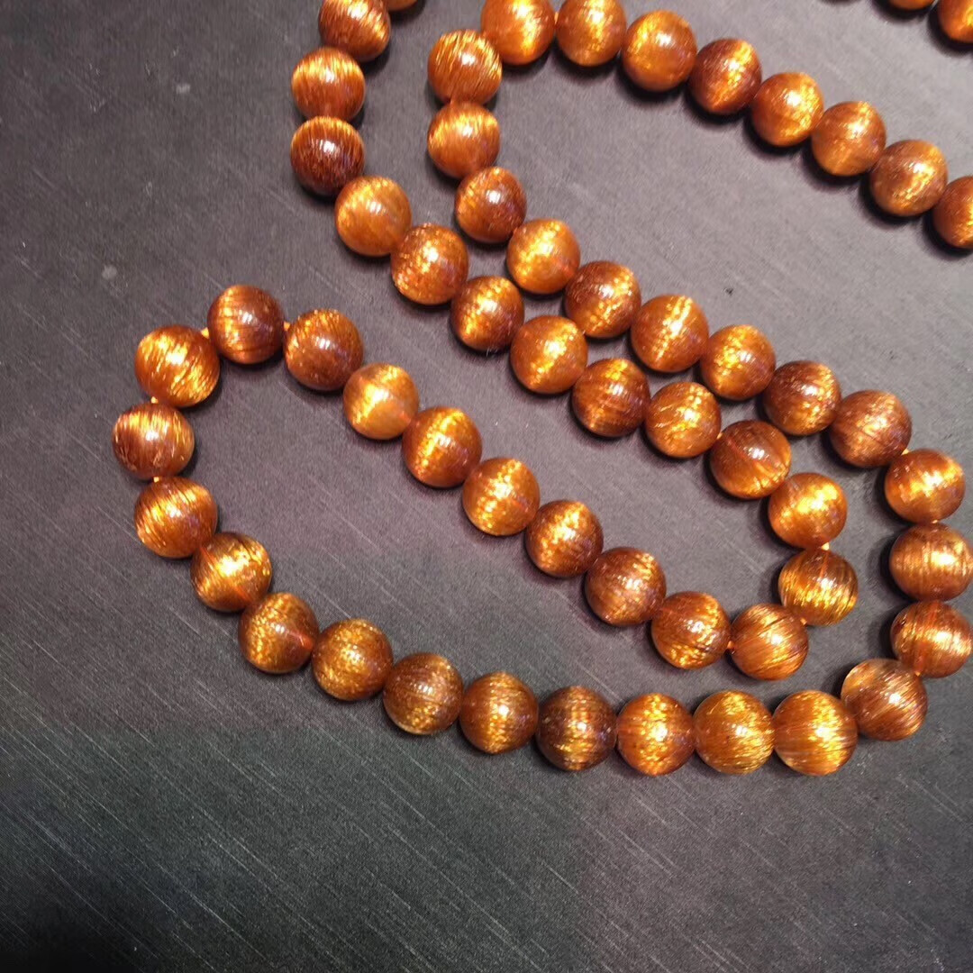 精品收藏巴西天然钛晶 铜发晶顺发猫眼多圈手链 8mm铜发晶手串 男女款