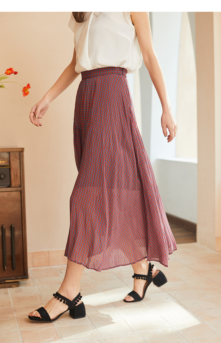 艾莱依斜下摆压褶半身裙女2021夏新款高腰显瘦百褶裙a字雪纺裙子风铃