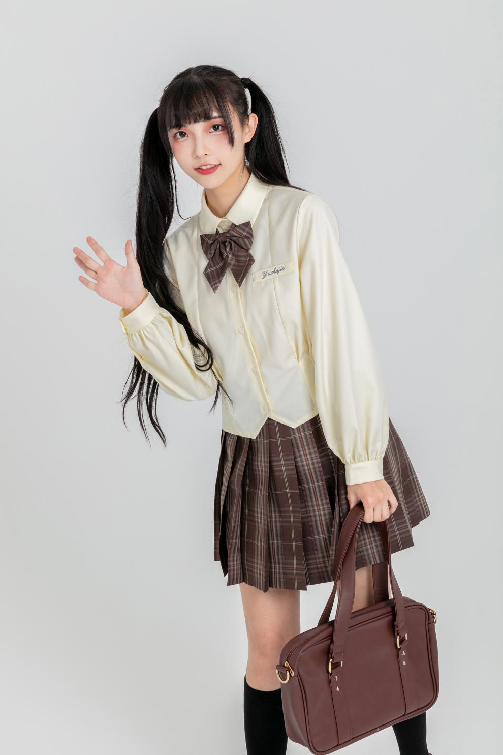 御茶家韩式收腰领衬衫jk制服女黑白百搭基础款秋冬季学院风杏色xl