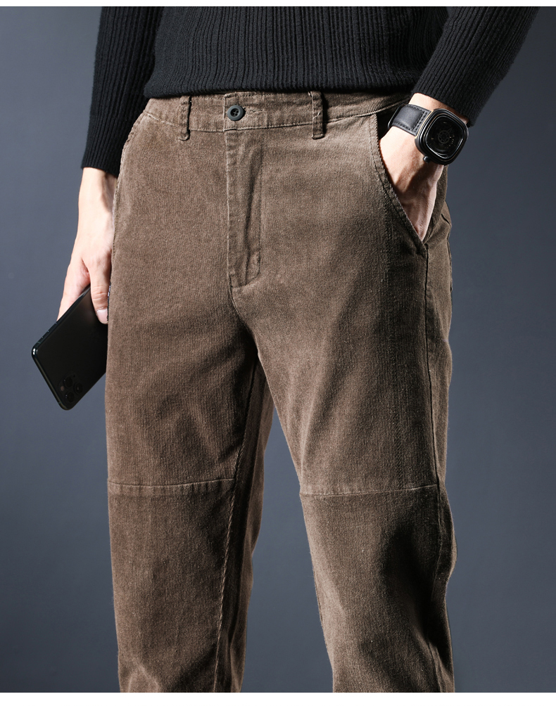 jg灯芯绒裤子男裤修身弹力秋冬季条绒保暖防风中年休闲裤男士喇叭裤