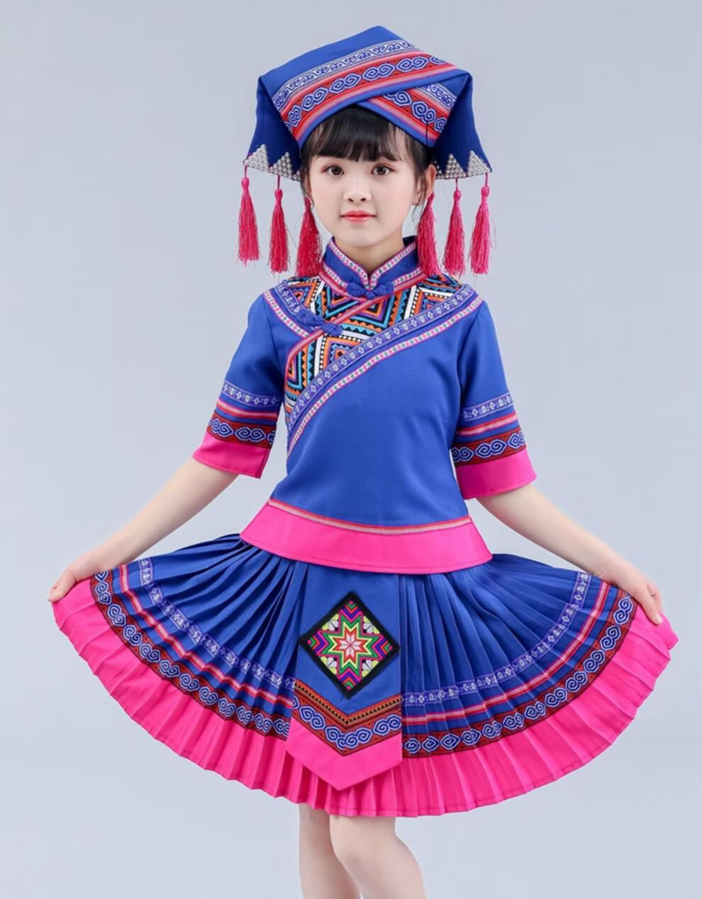 民族服装广西壮族三月三男童表演服饰舞蹈演出女童服 宝蓝女款 帽子