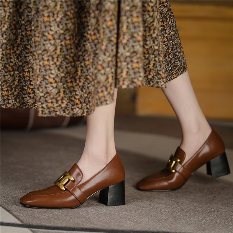senropala品牌复古棕色方头高跟鞋2021新款女鞋粗跟百搭单鞋韩版职业