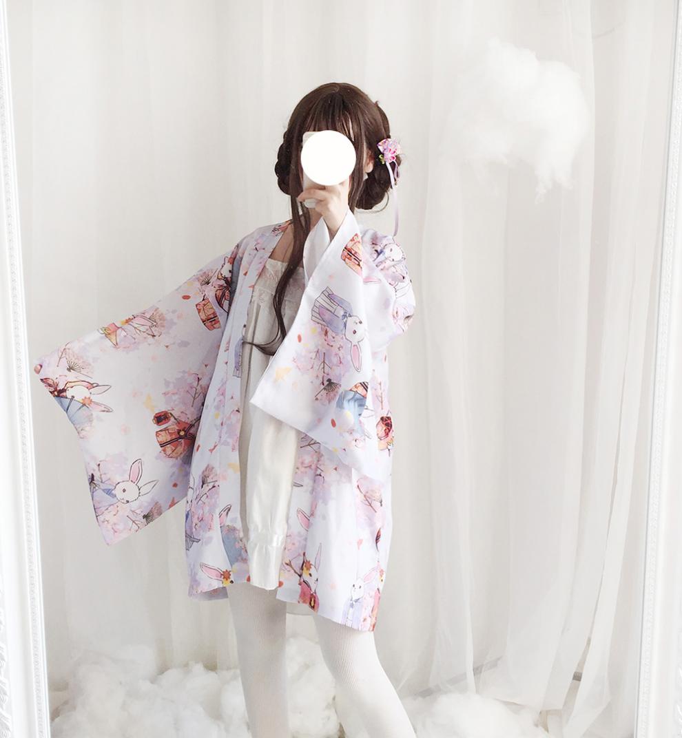 日式可爱祈愿兔羽织软妹印花少女学生防晒百搭jk外披 羽织 扇子(颜色