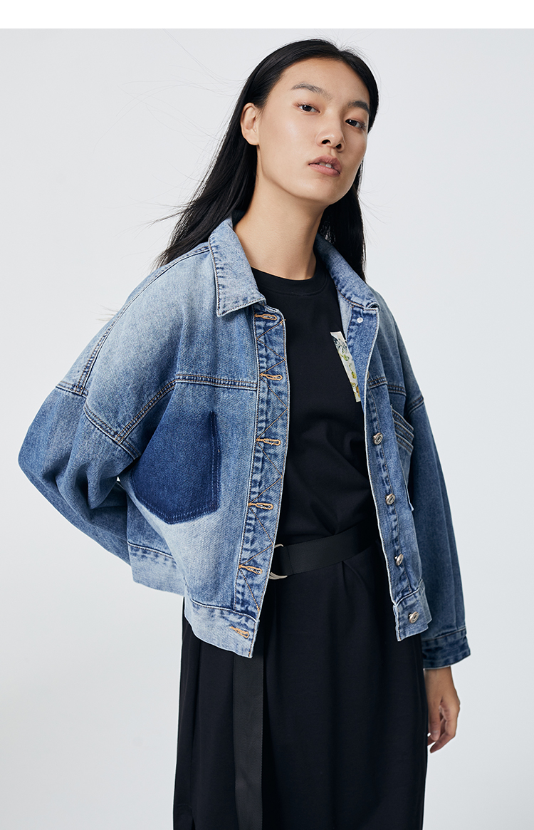 新】艾莱依2021春夏新款复古短款牛仔服女修身小个子韩版休闲牛仔外套