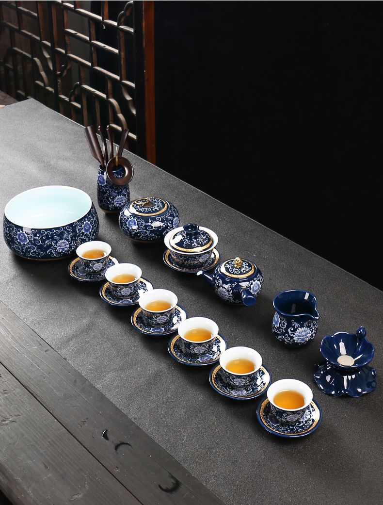 今时月 青花陶瓷功夫茶具套装家用办公霁蓝釉盖碗泡茶壶茶杯整套礼盒