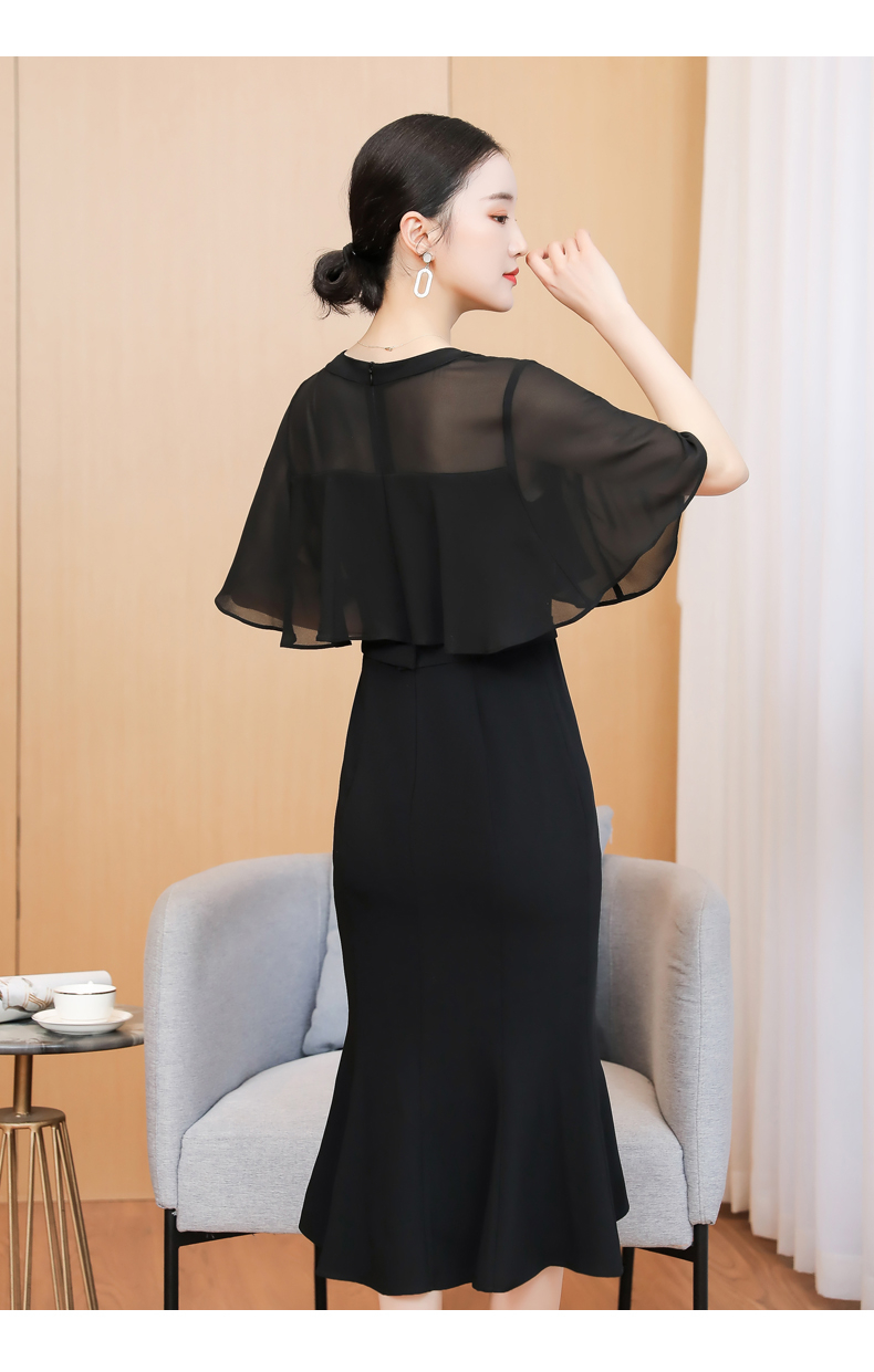 怡情姿 黑色雪纺连衣裙女2021年夏季新款中长款名媛高贵优雅气质鱼尾