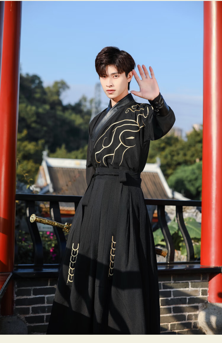 裳厢记汉服男锦衣卫 中国风古装大码交领长袖二件套汉服男生黑色书生