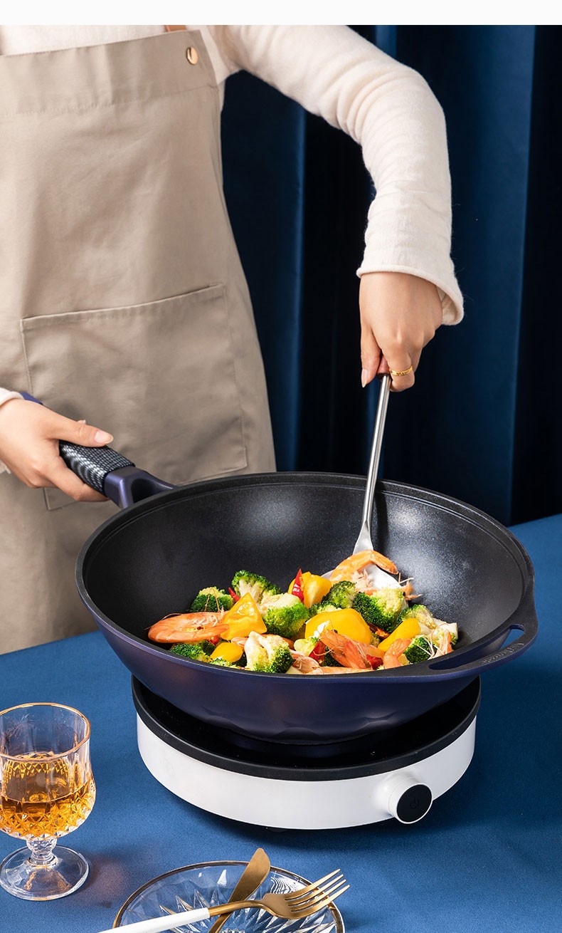 amercook炒锅不粘锅蓝钻炒菜锅不沾平底电磁炉锅无油烟烹饪锅具轻便32