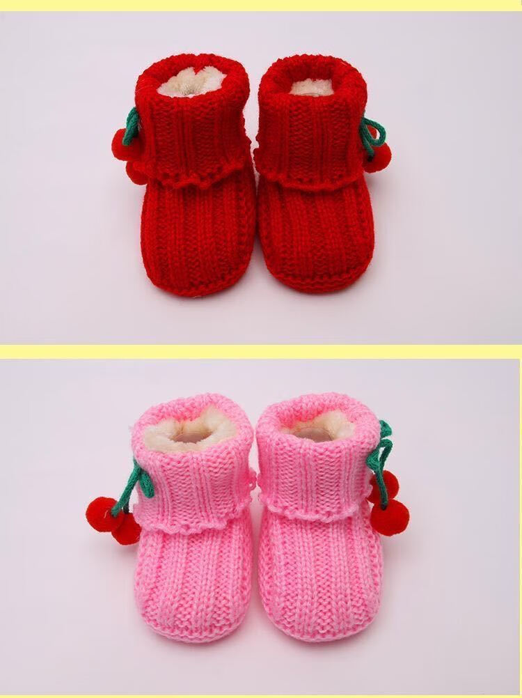 毛线鞋秋冬保暖套脚学步棉鞋男女宝宝软底不掉036红色兔大红加棉加厚