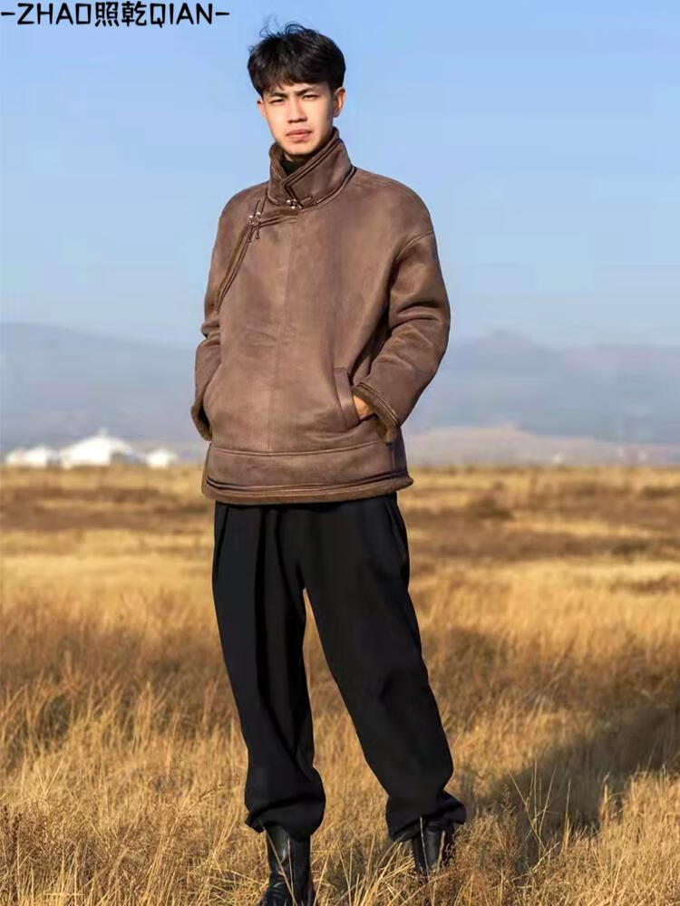 照乾蒙古袍冬天保暖情侣款人工皮毛一体秋冬加绒带毛女短款蒙古元素