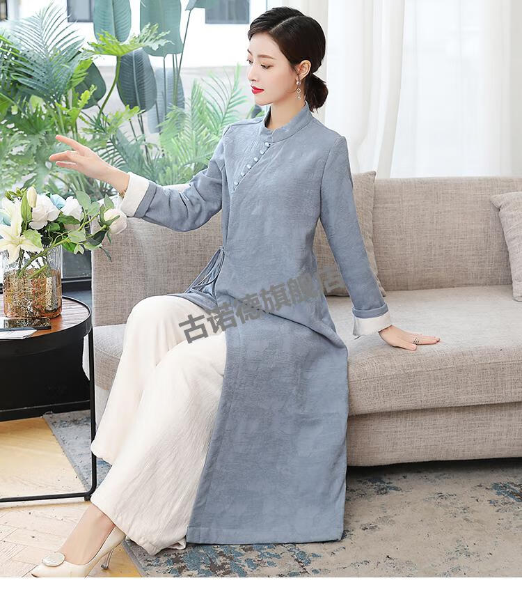 茶艺师服装秋冬款禅意茶服女秋冬加绒保暖改良汉服中国风复古棉麻唐装