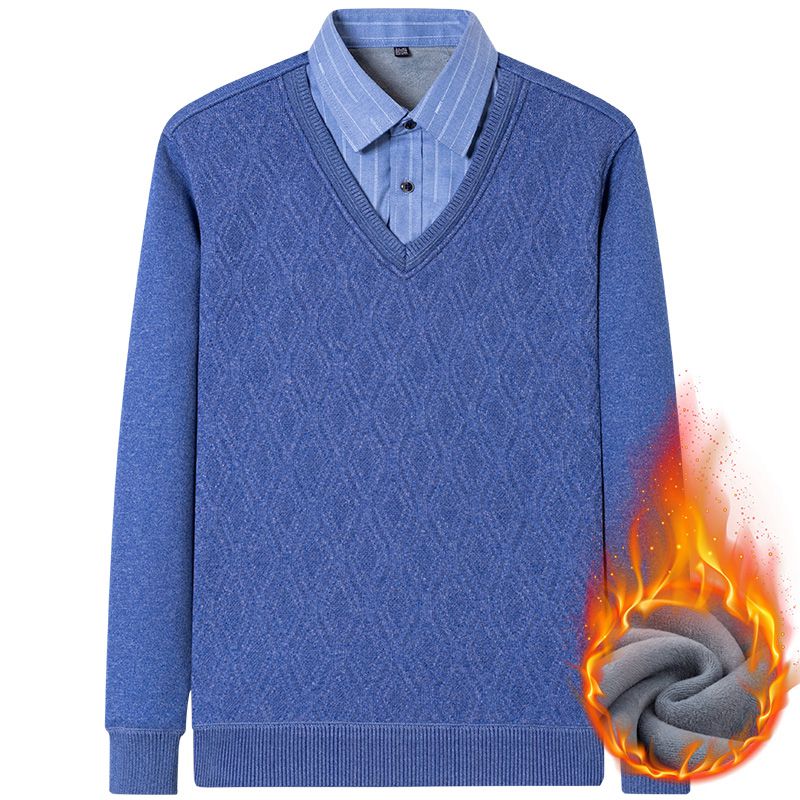 新品带领保暖内衣男冬季新款加绒加厚假两件休闲衬衫带领爸爸装防寒