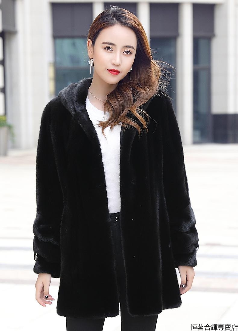 潮牌2020新款进口天鹅绒貂皮大衣女款整貂连帽中长款水貂皮草外套 米