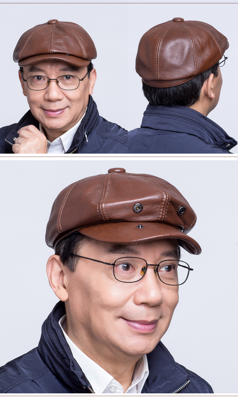 大老板皮帽帽子秋牛皮八角帽休闲鸭舌帽薄款中老年男帽老人帽冬男士冒